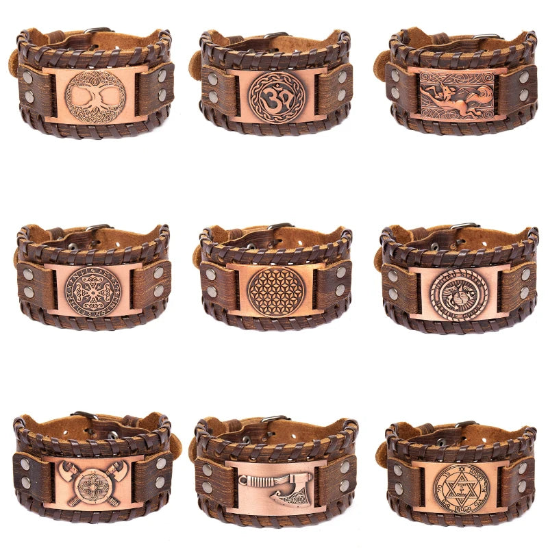 Vintage Wide Leather Woven Wolf Head Bracelet for Men Celtic Viking Compass Bracelet Jewelry Male Accessories Gifts To Boyfriend