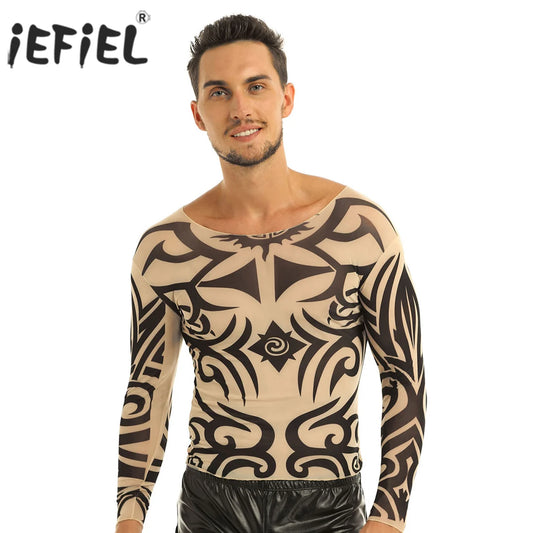 iEFiEL Autumn Men Tops Fake Tattoo Elastic See Through Full Long Sleeve Bodybuilding T-Shirt for Mens Halloween Wetlook Clothes