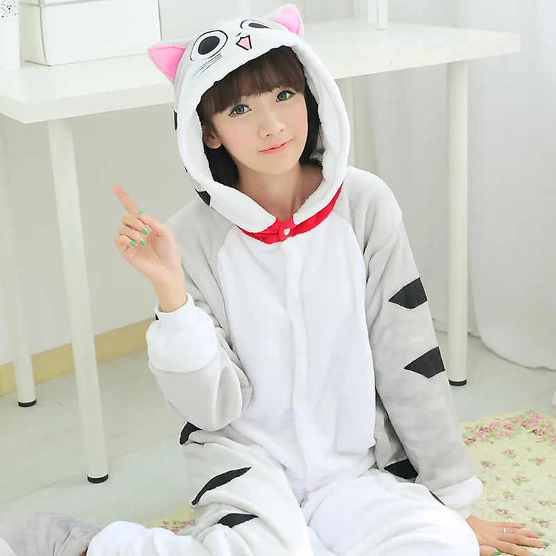 Women Cat Onesies Hooded Sleepwear Unisex Men Pajamas Winter Animal Pajamas One Piece Halloween Xmas Cosplay Costumes Homewear