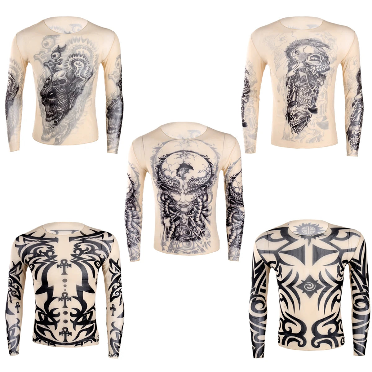 iEFiEL Autumn Men Tops Fake Tattoo Elastic See Through Full Long Sleeve Bodybuilding T-Shirt for Mens Halloween Wetlook Clothes