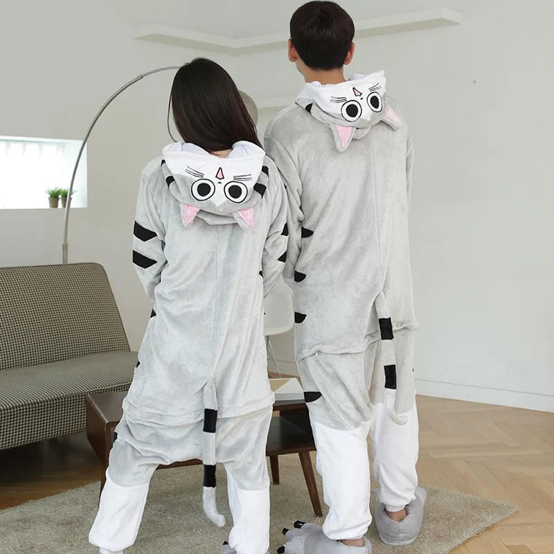 Women Cat Onesies Hooded Sleepwear Unisex Men Pajamas Winter Animal Pajamas One Piece Halloween Xmas Cosplay Costumes Homewear