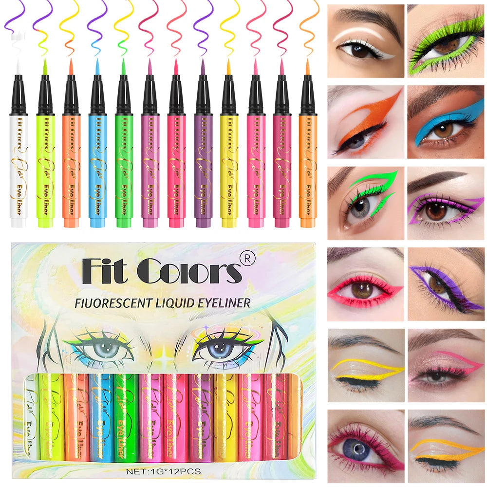 12/Set Macaron Color Fluorescent Liquid Eyeliner Set long-lasting Eyeliner Quick-drying female Eyeliner Halloween Party Makeup