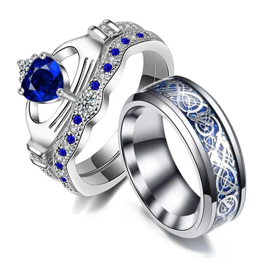 Fashion Couple Rings Trendy Men Stainless Steel Celtic Dragon Ring Elegant Women Blue Zircon Crown Rings Set Wedding Jewelry