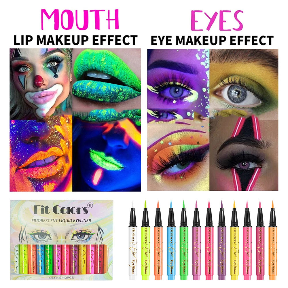 12/Set Macaron Color Fluorescent Liquid Eyeliner Set long-lasting Eyeliner Quick-drying female Eyeliner Halloween Party Makeup