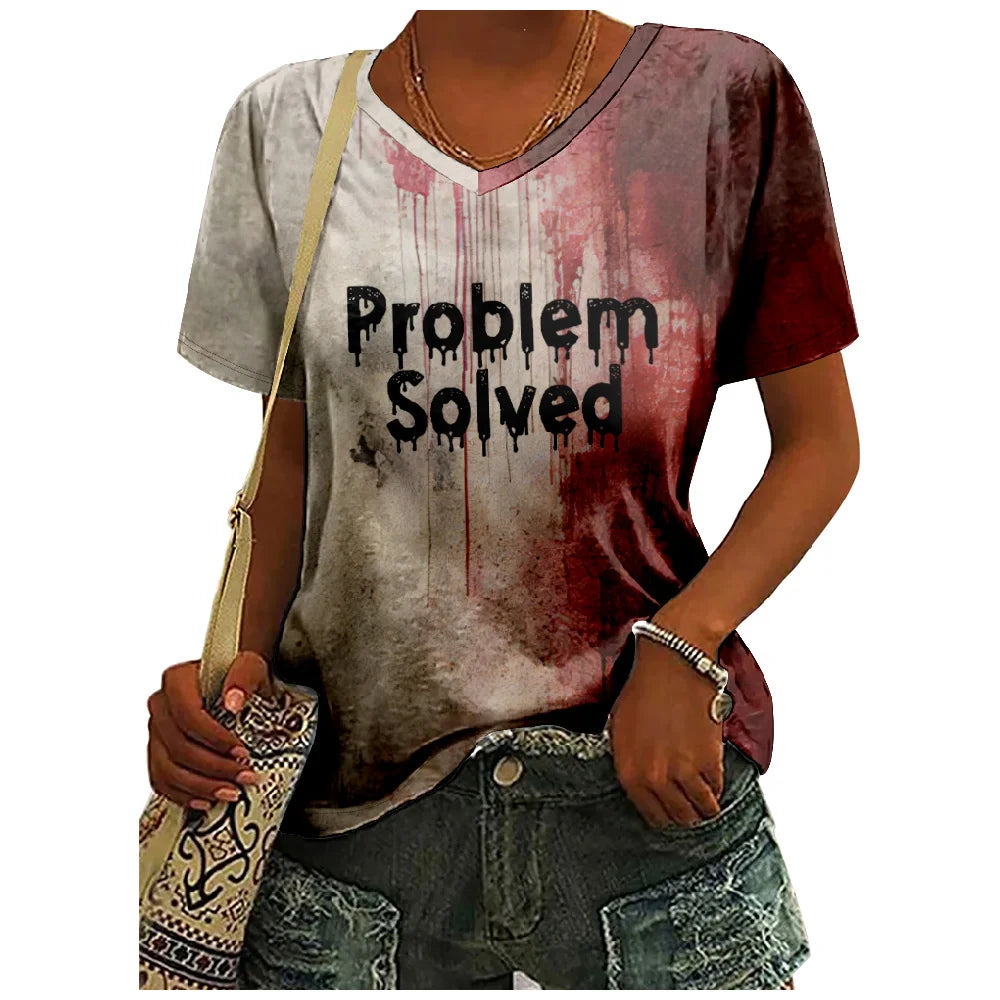 Halloween I'm Fine Bloody T-shirt Problem Solved Graphic Shirts V-Neck Short Sleeve Streetwear Women Men Funny Tee