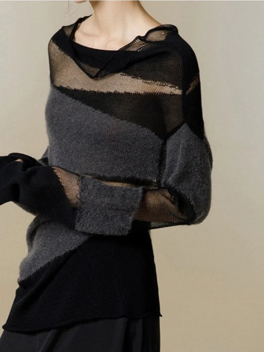 2023 Autumn Patchwork Turtleneck Women Sweaters Y2k Loose Hollow Out Pullovers See Through Knitted Sweater Tops Y2k Clothing