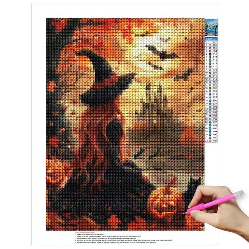 Witch 5D DIY Diamond Painting Kit Spooky Ghost Diamond Embroidery Full Diamond Mosaic Art Picture Halloween Decoration Sticker