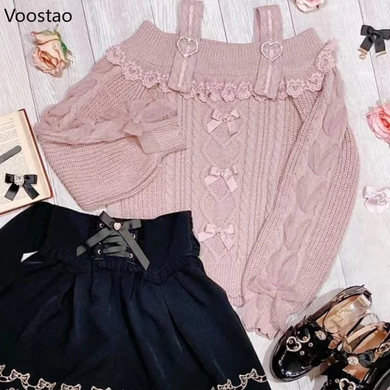 Vintage Sweet Lolita Style Knitted Pullover Autumn Girls Cute Off Shoulder Lace Ruffles Bow Sweater Women Harajuku Knitwear Tops