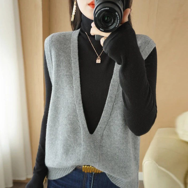 Autumn And Winter Knitted Pullover Vest Loose Big V-Neck Fashion All-Match Solid Color Outer Wear Sexy Regular Women's Sweater