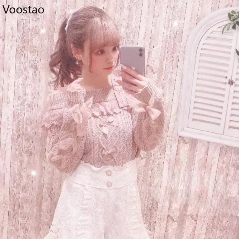 Vintage Sweet Lolita Style Knitted Pullover Autumn Girls Cute Off Shoulder Lace Ruffles Bow Sweater Women Harajuku Knitwear Tops