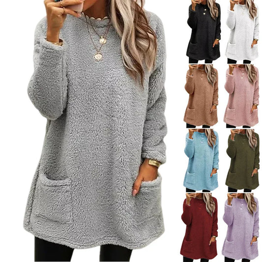 Autumn and Winter Women's New Long Sleeve Pullover 2023 Splicing Pocket T-Shirt Fashion Solid Casual Oversize Loose Top