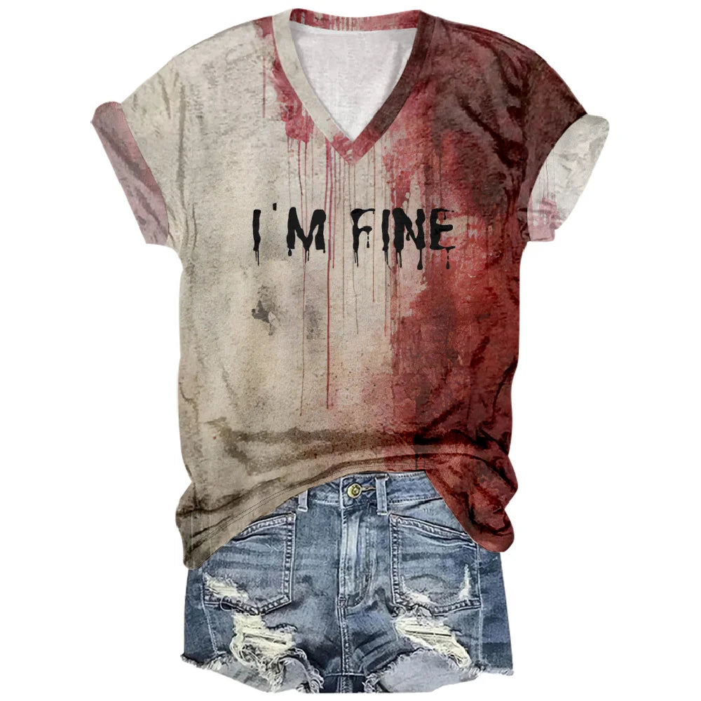 Halloween I'm Fine Bloody T-shirt Problem Solved Graphic Shirts V-Neck Short Sleeve Streetwear Women Men Funny Tee