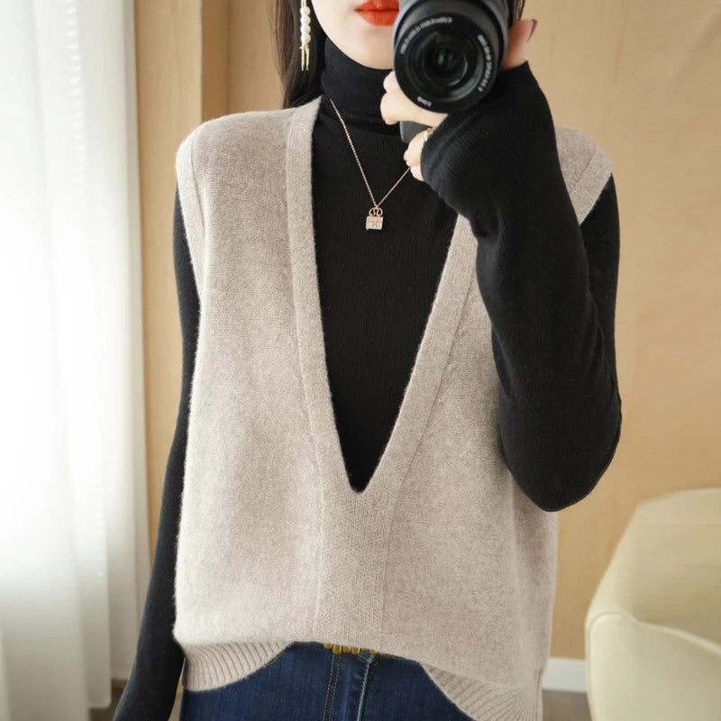 Autumn And Winter Knitted Pullover Vest Loose Big V-Neck Fashion All-Match Solid Color Outer Wear Sexy Regular Women's Sweater