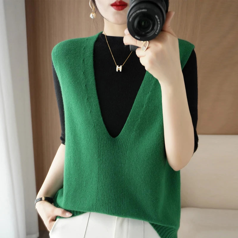 Autumn And Winter Knitted Pullover Vest Loose Big V-Neck Fashion All-Match Solid Color Outer Wear Sexy Regular Women's Sweater