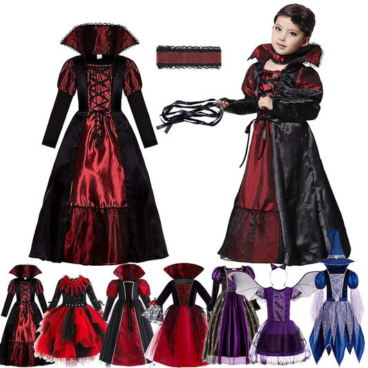 Children Vampire Dress Girls Cosplay Pageant Clothes Kids Witch Christmas Elegant Fantasy Princess Halloween Costume 3-10 Years