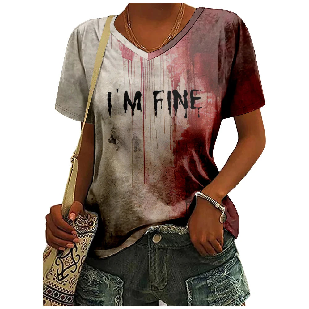 Halloween I'm Fine Bloody T-shirt Problem Solved Graphic Shirts V-Neck Short Sleeve Streetwear Women Men Funny Tee