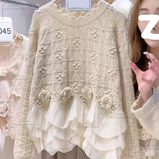 Vintage O-neck Long Sleeve Sweater Ruffles Decoration Patchwork Sweaters Jumper for Women 3D Flower Knit Pullover Autumn New